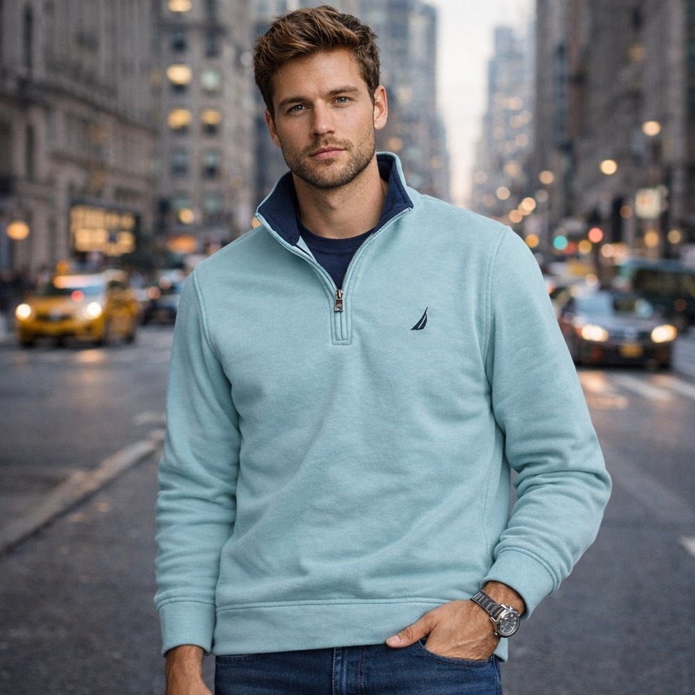 Nautica Mens XL Quarter Zip‎ Fleece Pullover Light Blue Mint Casual